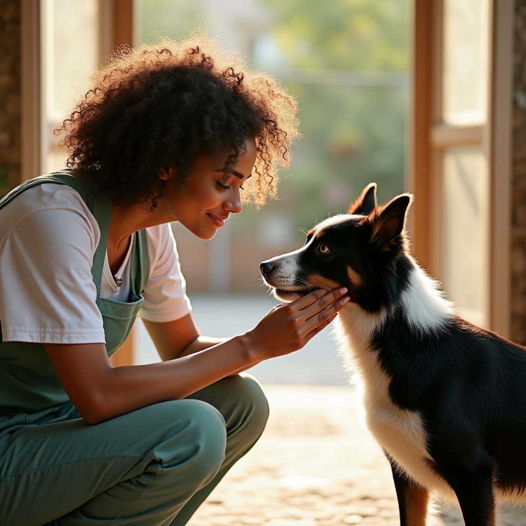 Toelettrice che rassicura con dolcezza un cane ansioso accarezzandolo prima della sessione di cura