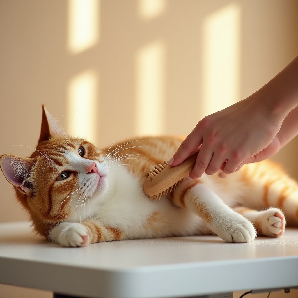 Gatto rilassato sdraiato su un piano mentre viene spazzolato delicatamente da mani femminili