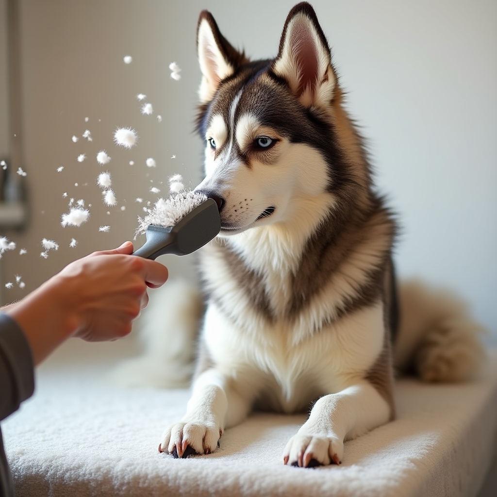 Pelo di cane durante la muta stagionale con morbidi ciuffi di pelo che cadono durante la spazzolatura