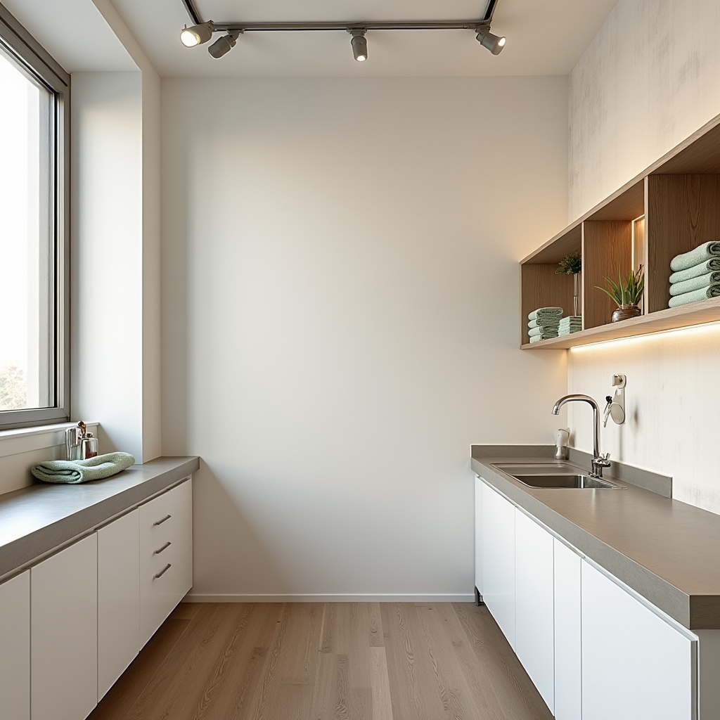 Studio di toelettatura luminoso e ordinato con attrezzature professionali e atmosfera serena