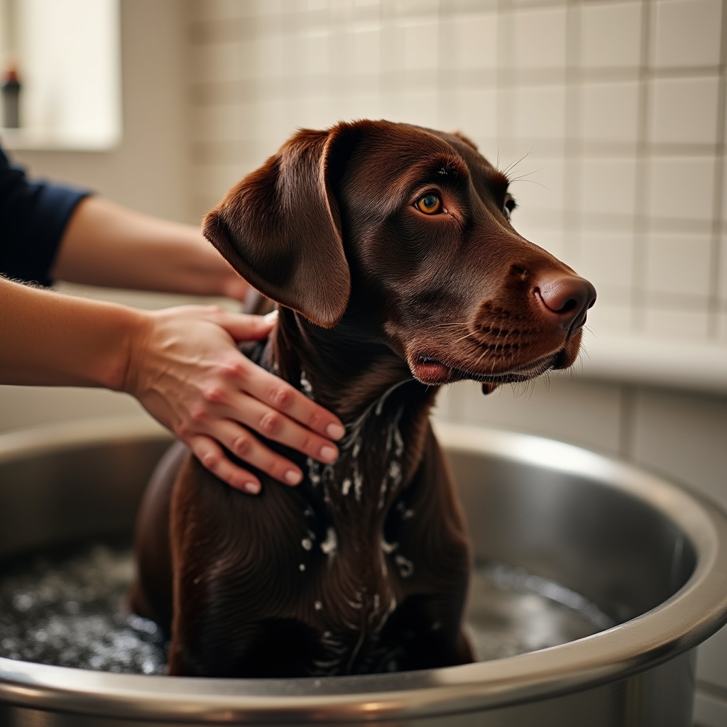 Cane di taglia media durante il bagno con prodotti naturali in una vasca professionale