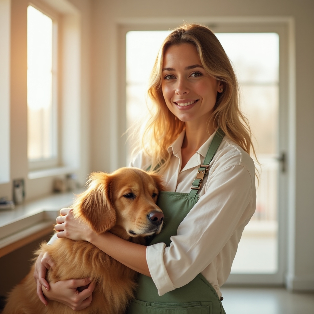 Toelettrice che cura delicatamente un cane golden retriever in un ambiente sereno