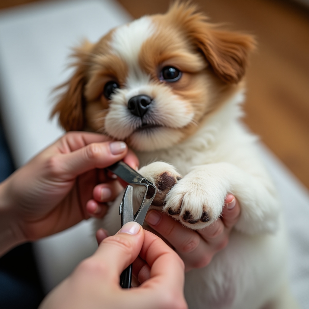 Mani esperte che tagliano le unghie a un piccolo cane con strumenti professionali e precisione